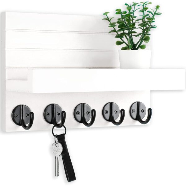 Key Holder for Wall, Decorative Key and Mail Holder with Shelf Has Large Hooks for Bags, Coats, Umbrella – Paulownia Wood Key Hanger with Mounting Hardware (9.8”W x 6.7”H x 4.2”D)