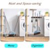 Mop and Broom Holder Wall Mount - Rustic Wood Broom Mop Hanger - Wall Mounted Garden Tool Rack Organizer for Closet Garage Laundry Room Kitchen Decor With 4 Slots & 4 Hooks
