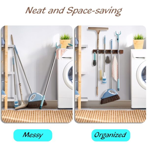 Mop and Broom Holder Wall Mount - Rustic Wood Broom Mop Hanger - Wall Mounted Garden Tool Rack Organizer for Closet Garage Laundry Room Kitchen Decor With 4 Slots & 4 Hooks
