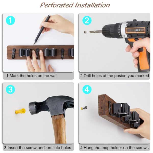 Mop and Broom Holder Wall Mount - Rustic Wood Broom Mop Hanger - Wall Mounted Garden Tool Rack Organizer for Closet Garage Laundry Room Kitchen Decor With 4 Slots & 4 Hooks