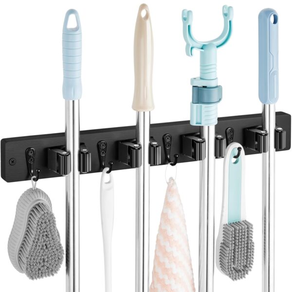 Mop and Broom Holder Wall Mount - Rustic Wood Broom Mop Hanger - Wall Mounted Garden Tool Rack Organizer for Closet Garage Laundry Room Kitchen Decor With 4 Slots & 4 Hooks