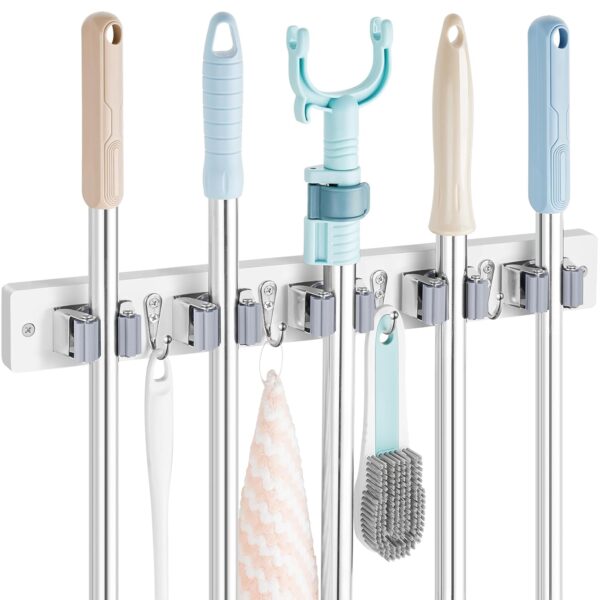 Mop and Broom Holder Wall Mount - Rustic Wood Broom Mop Hanger - Wall Mounted Garden Tool Rack Organizer for Closet Garage Laundry Room Kitchen Decor With 4 Slots & 4 Hooks